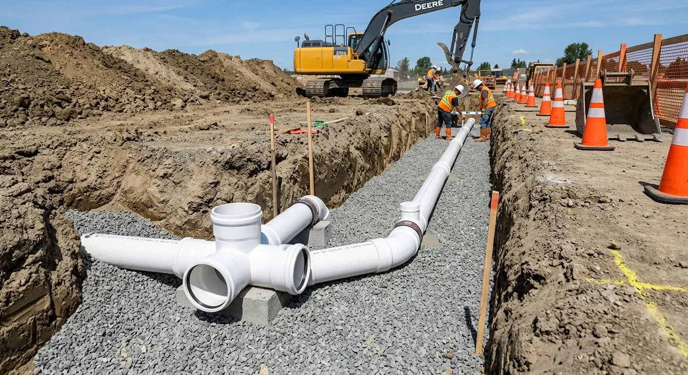 New PVC sewer pipe installation in open trench for Commercial Drain Cleaning in Sioux Falls